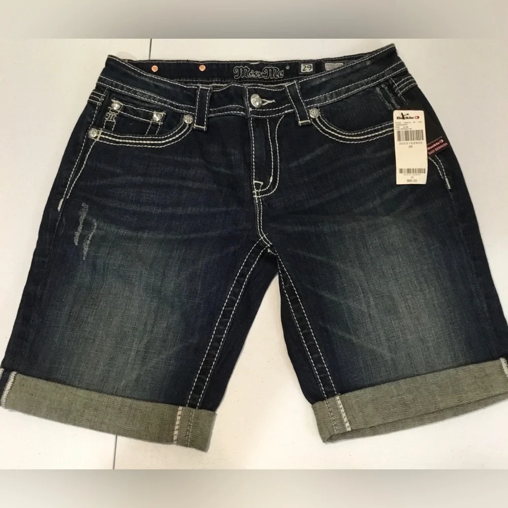 Buckle /Miss Me Women's Dark Indigo Rhinestone Embellished Bermudas